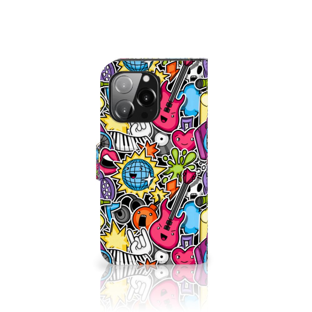 iPhone 13 Pro Wallet Case met Pasjes Punk Rock met kleurrijke gitaren en disco-emblemen 🎸