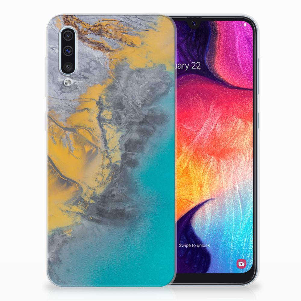 Samsung Galaxy A50 TPU Siliconen Hoesje Marble Blue Gold