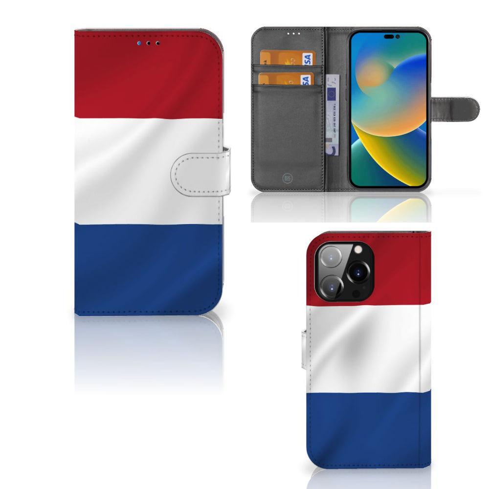 iPhone 14 Pro Max Bookstyle Case Nederlandse Vlag met pasjes en artistiek ontwerp in de Nederlandse kleuren.