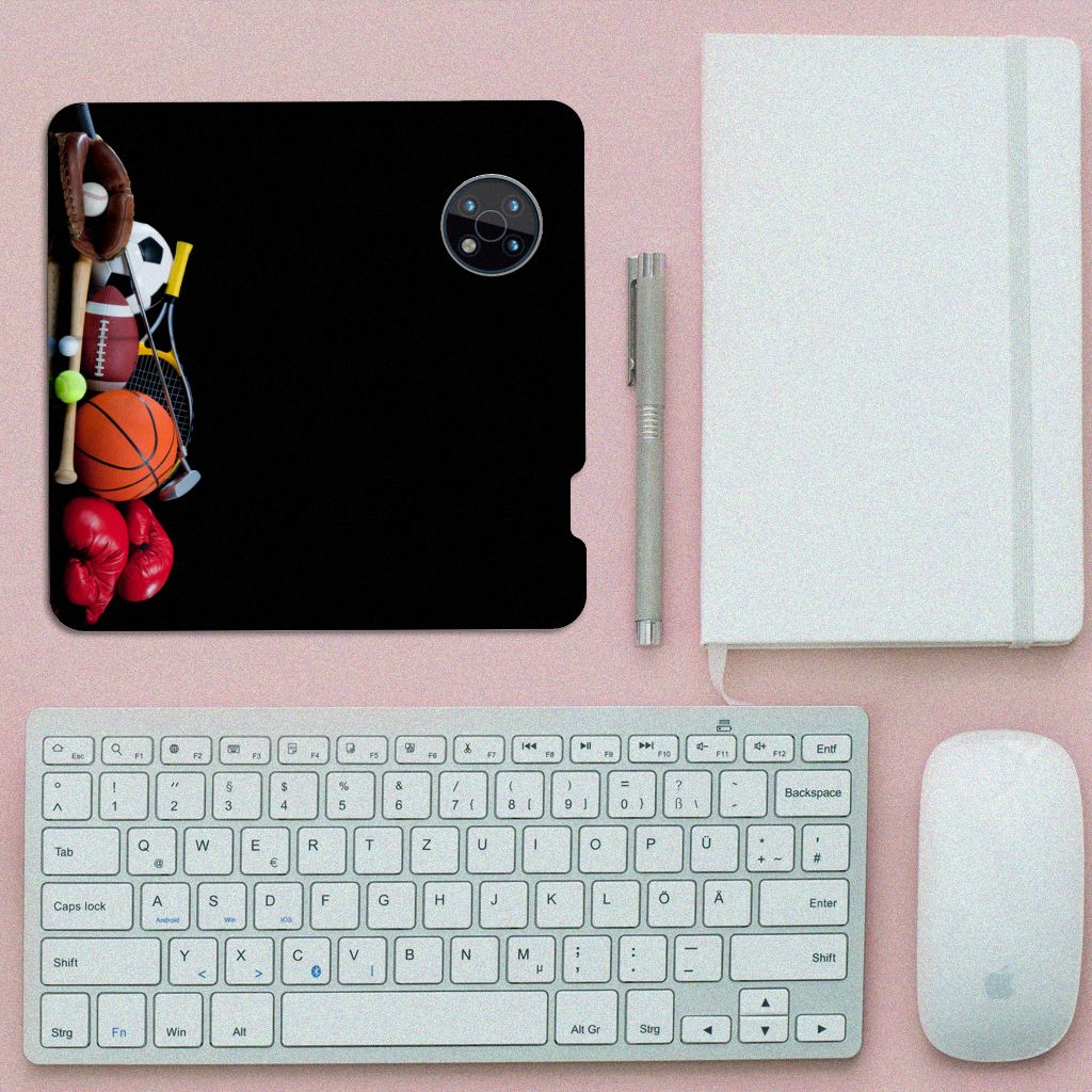 Nokia G50 Hippe Standcase Sports design with various sports images on a black case.