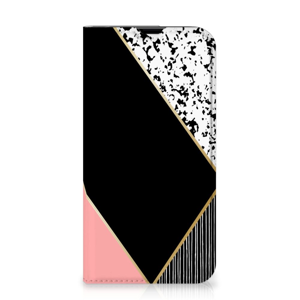 iPhone 13 Pro Stand Case Zwart Roze Vormen met een stijlvol ontwerp van zwart, roze en witte vlakken.