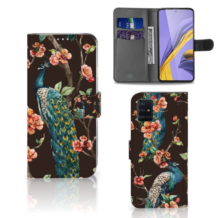 Samsung Galaxy A51 Telefoonhoesje met Pasjes Pauw met Bloemen