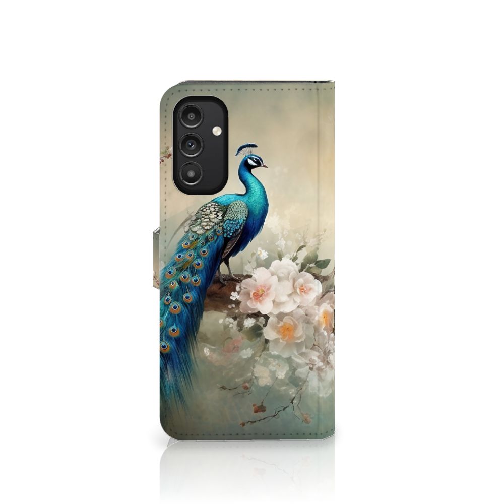 Telefoonhoesje met Pasjes voor Samsung Galaxy A14 5G Vintage Pauwen met kleurrijke pauw en bloemen design.