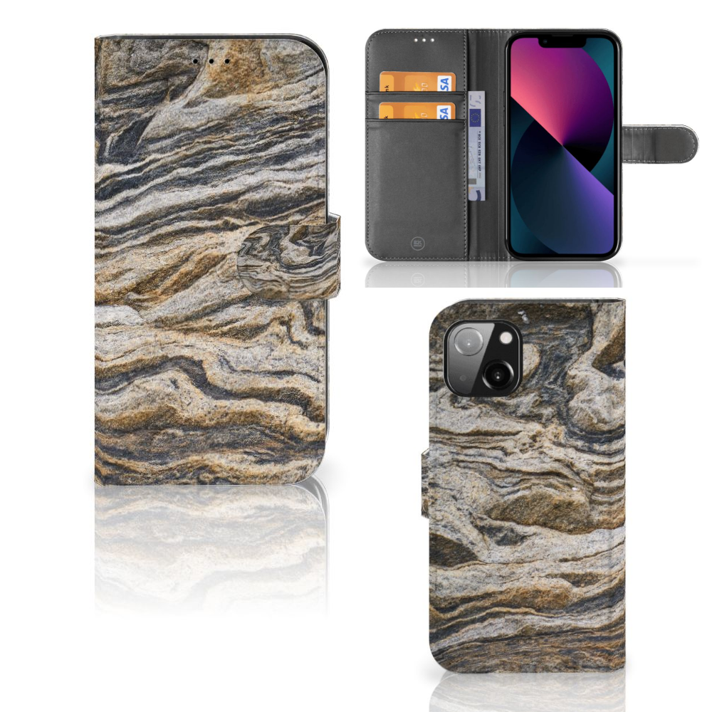 Apple iPhone 13 Bookcase Steen met bruine rotsachtige steenprint en vakjes voor pasjes.