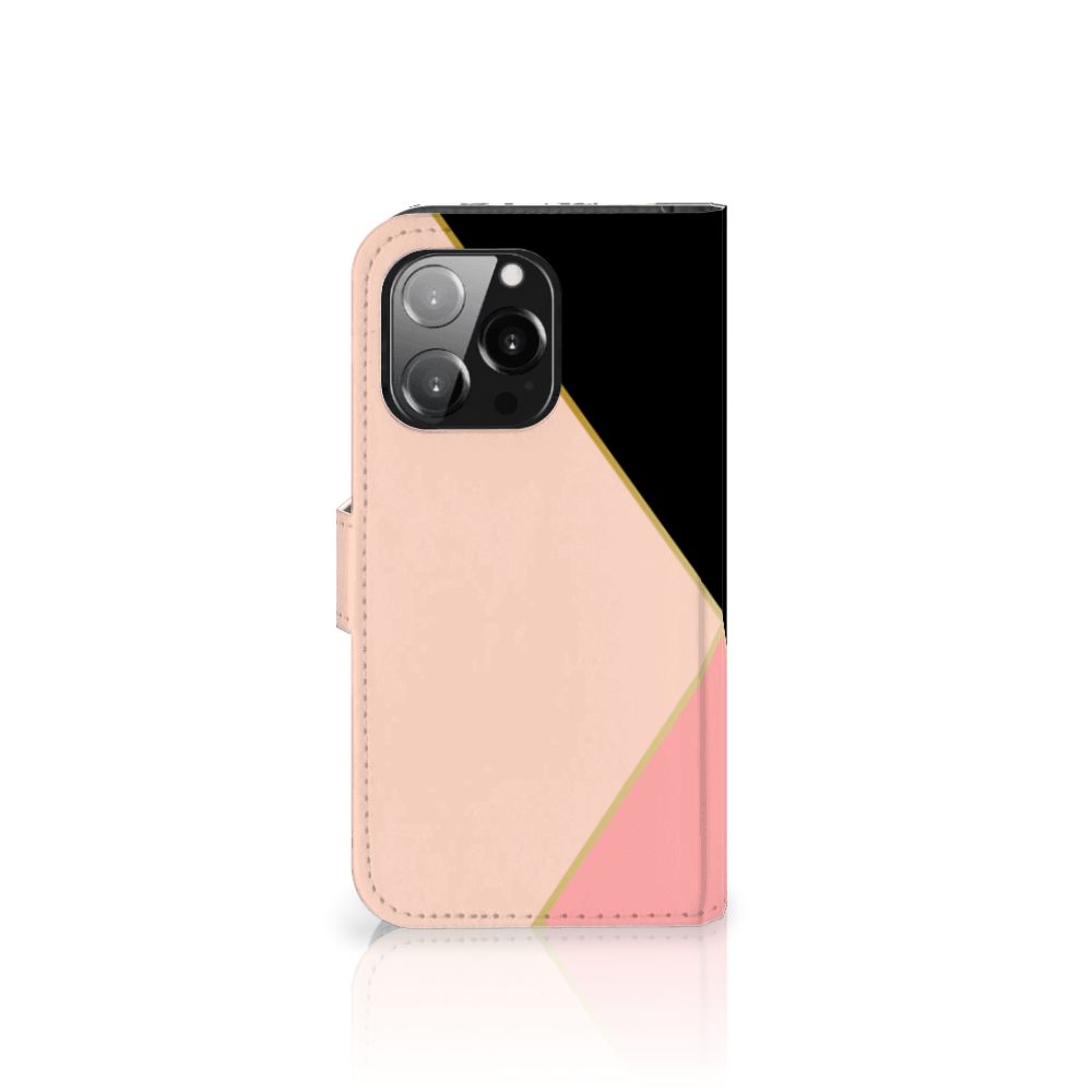 iPhone 13 Pro Book Case Zwart Roze Vormen met geometrisch ontwerp, bescherming en ruimte voor 3 pasjes 🎨
