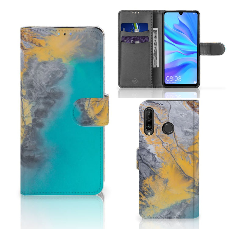 Huawei P30 Lite (2020) Bookcase Marble Blue Gold