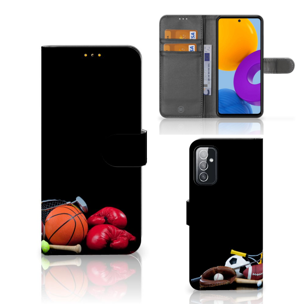 Samsung Galaxy M52 Wallet Case met Pasjes Sports met sport accessoires zoals basketballen, bokshandschoenen en meer.
