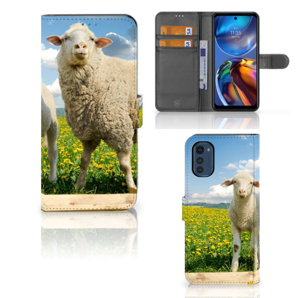 Motorola Moto E32 | Moto E32s Telefoonhoesje met Pasjes Schaap en Lammetje