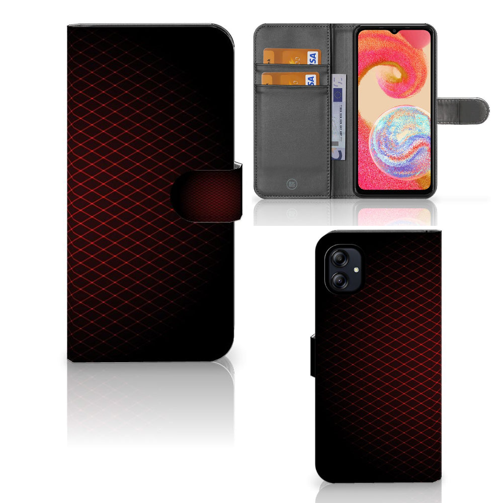Samsung Galaxy A04e Telefoon Hoesje Geruit Rood met ruimte voor 3 pasjes en minimalistisch ontwerp.
