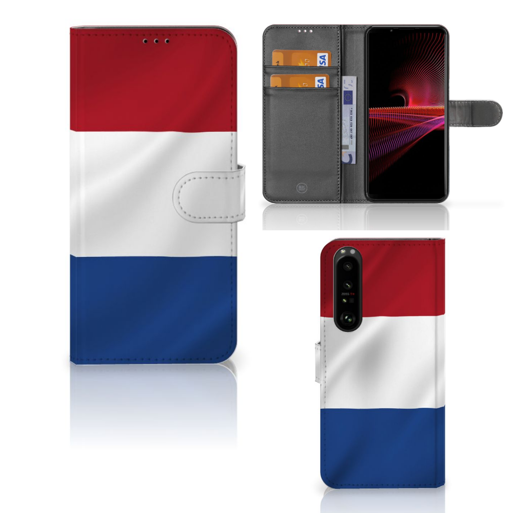 Sony Xperia 1 III Bookstyle Case Nederlandse Vlag met pasjes en artistiek design van de Nederlandse vlag.