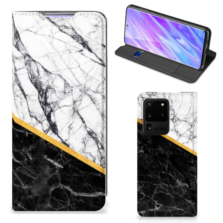 Samsung Galaxy S20 Ultra Standcase Marmer Wit Zwart - Origineel Cadeau Man - B2C Telecom