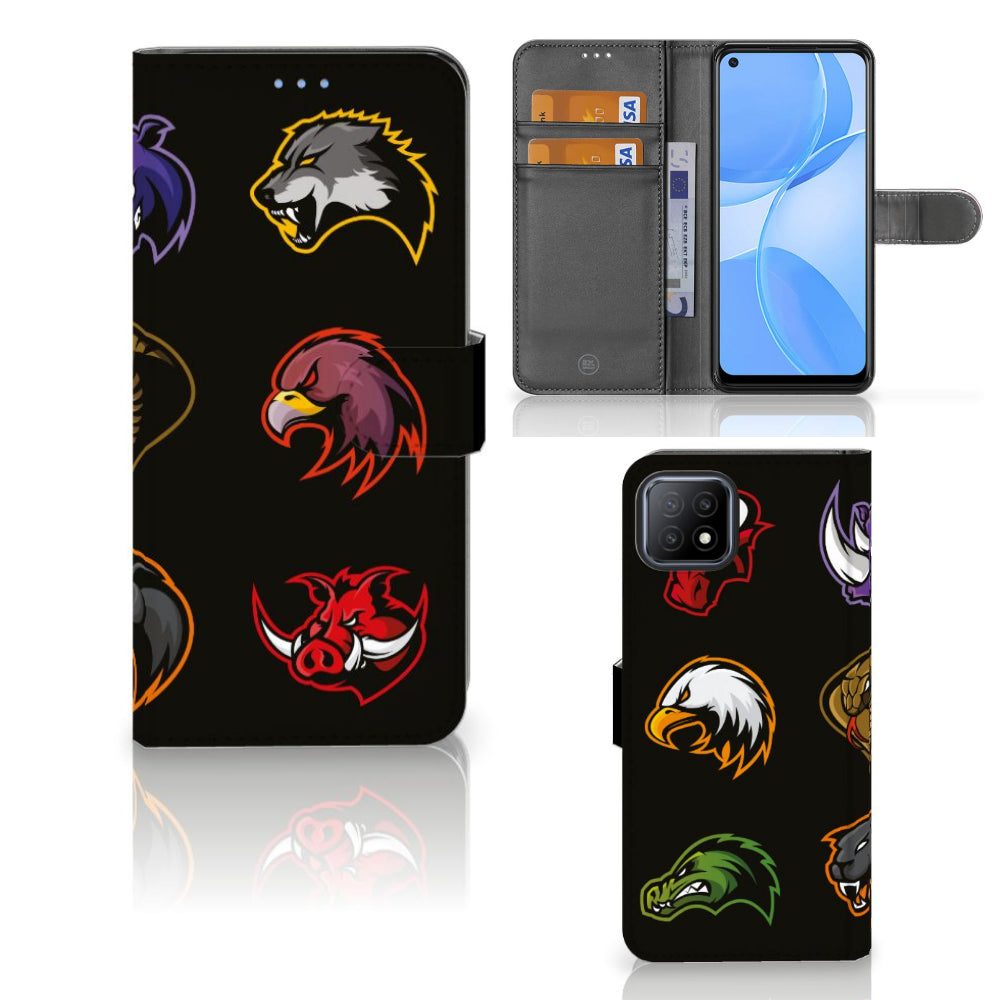 OPPO A73 5G Leuk Hoesje Cartoon met kleurrijke dierlijke logo's op zwarte achtergrond.