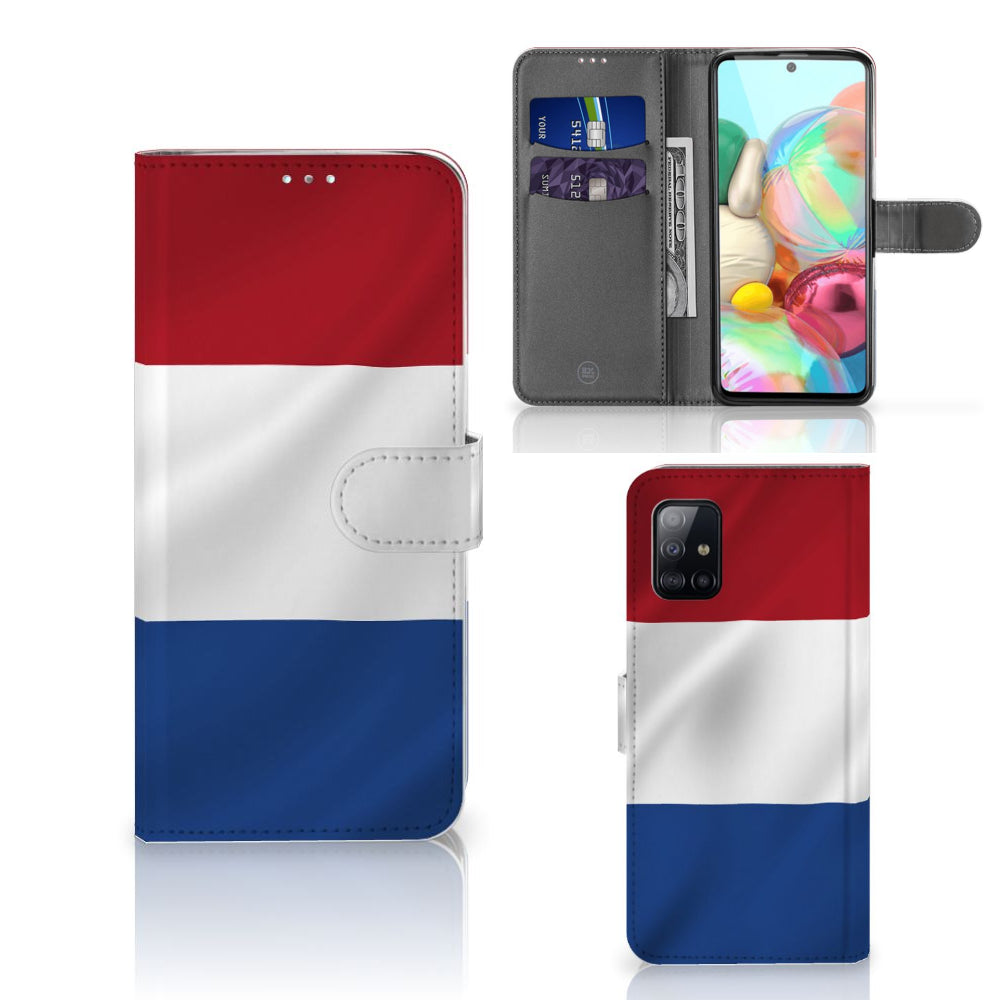 Samsung Galaxy A71 Bookstyle Case Nederlandse Vlag met artistiek ontwerp van de Nederlandse vlag, ideaal voor Nederlanders.