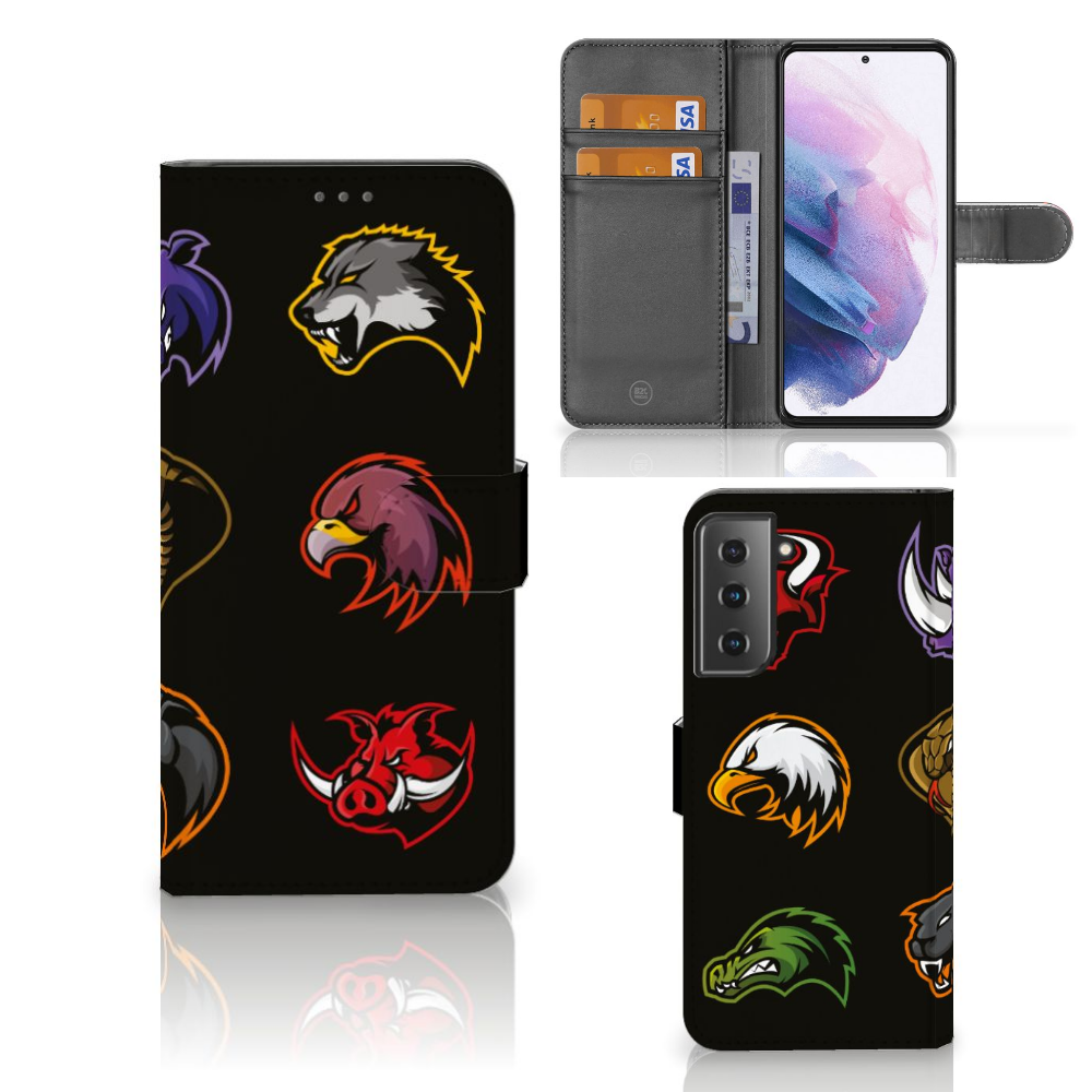Samsung Galaxy S21 Plus Leuk Hoesje Cartoon met diverse cartoon dieren op zwart design
