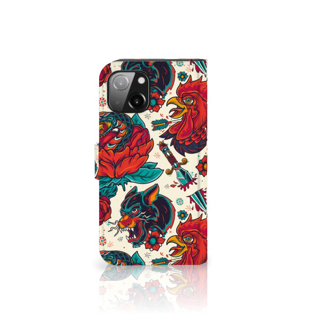 Telefoonhoesje met foto voor Apple iPhone 13 Old Skool met kleurrijke tattoo-achtige ontwerpen 🌹🐔.