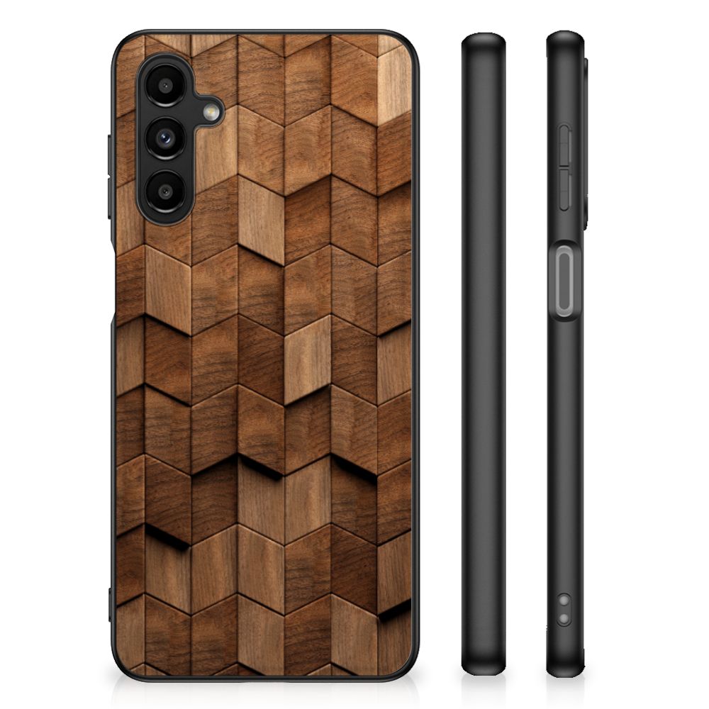 Houten Print Telefoonhoesje voor Samsung Galaxy A14 5G Wooden Cubes met een uniek design van houten blokken.