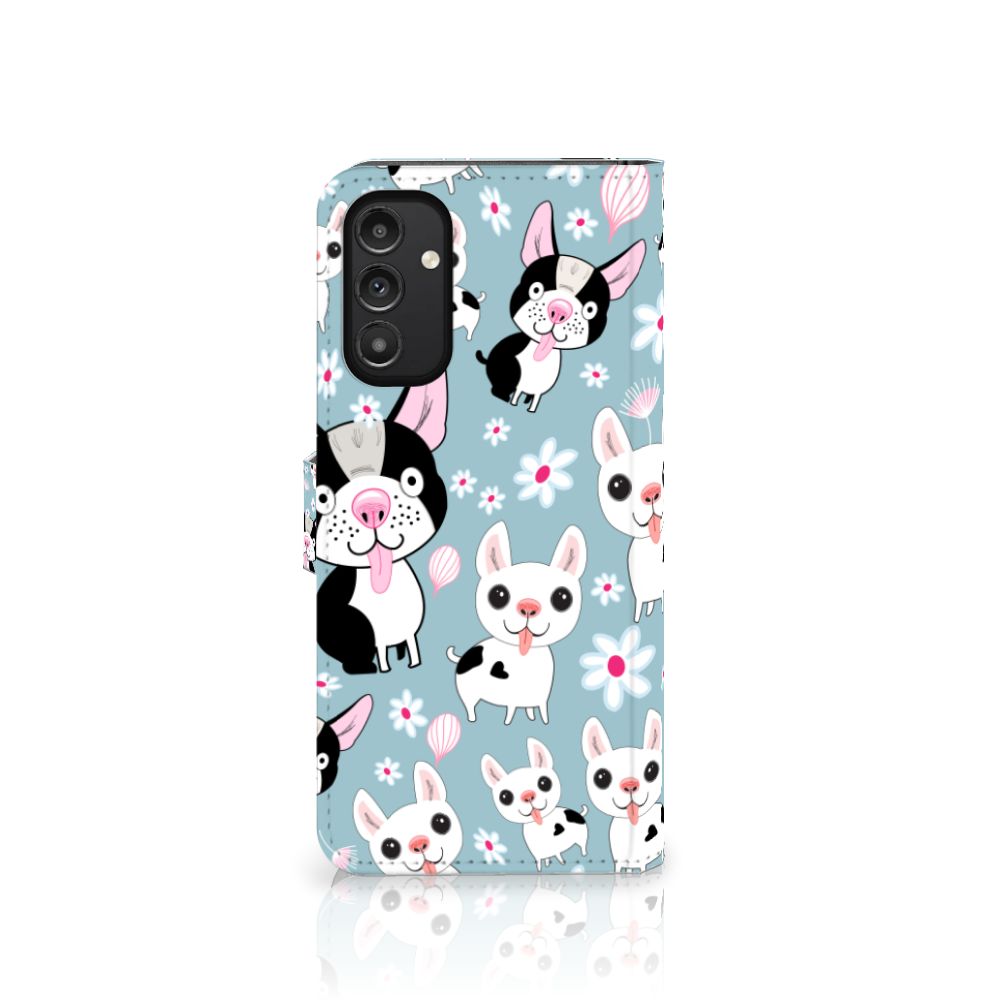 Samsung Galaxy A14 5G Telefoonhoesje met Pasjes Hondjes met schattige cartoon honden op een blauwe achtergrond.