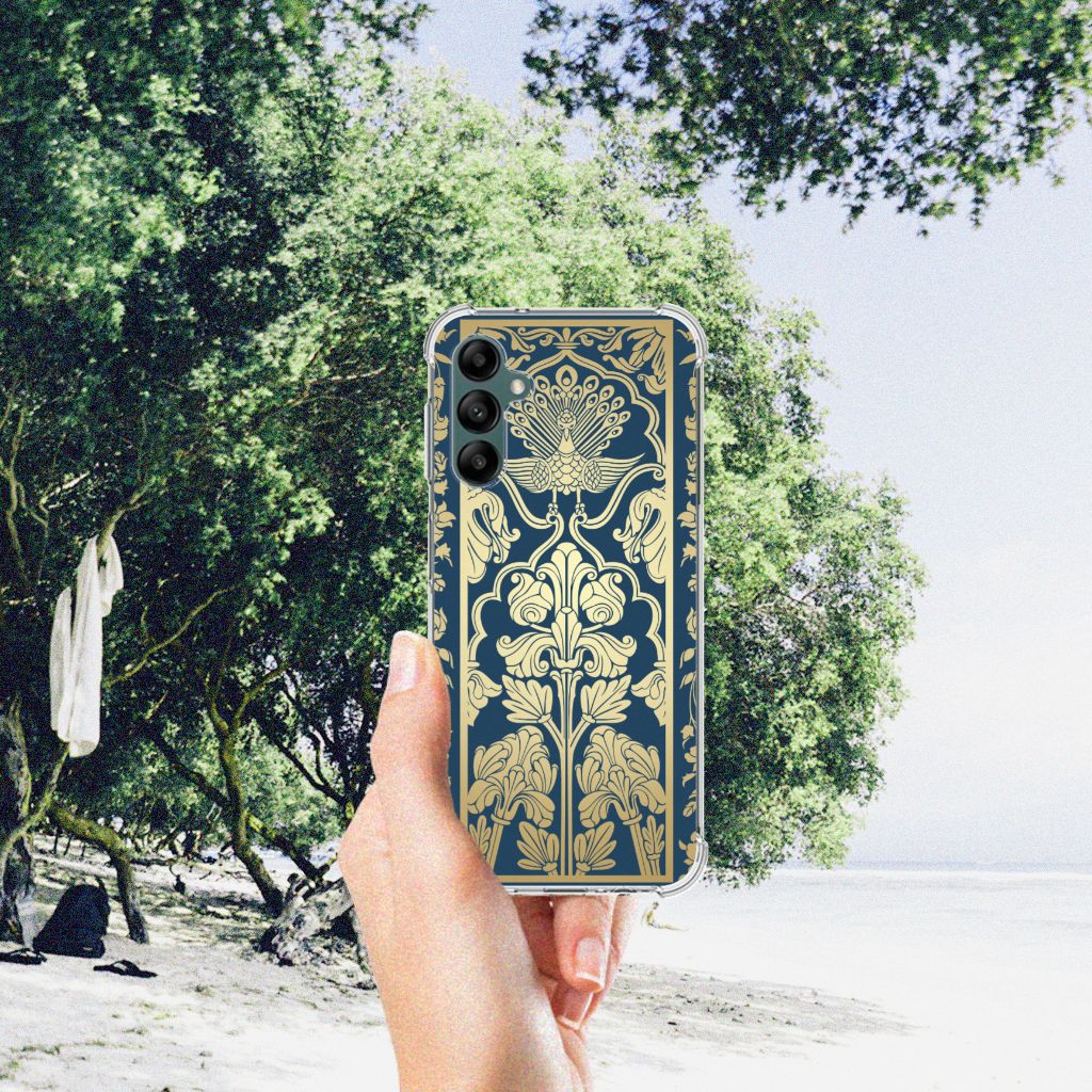 Samsung Galaxy A14 5G/4G Case Beige Flowers held in hand at a beach with trees in the background.