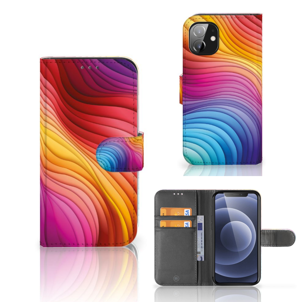 Book Case voor Apple iPhone 12 Mini Regenboog met kleurrijk golvende design 🌈 voor bescherming en stijl.