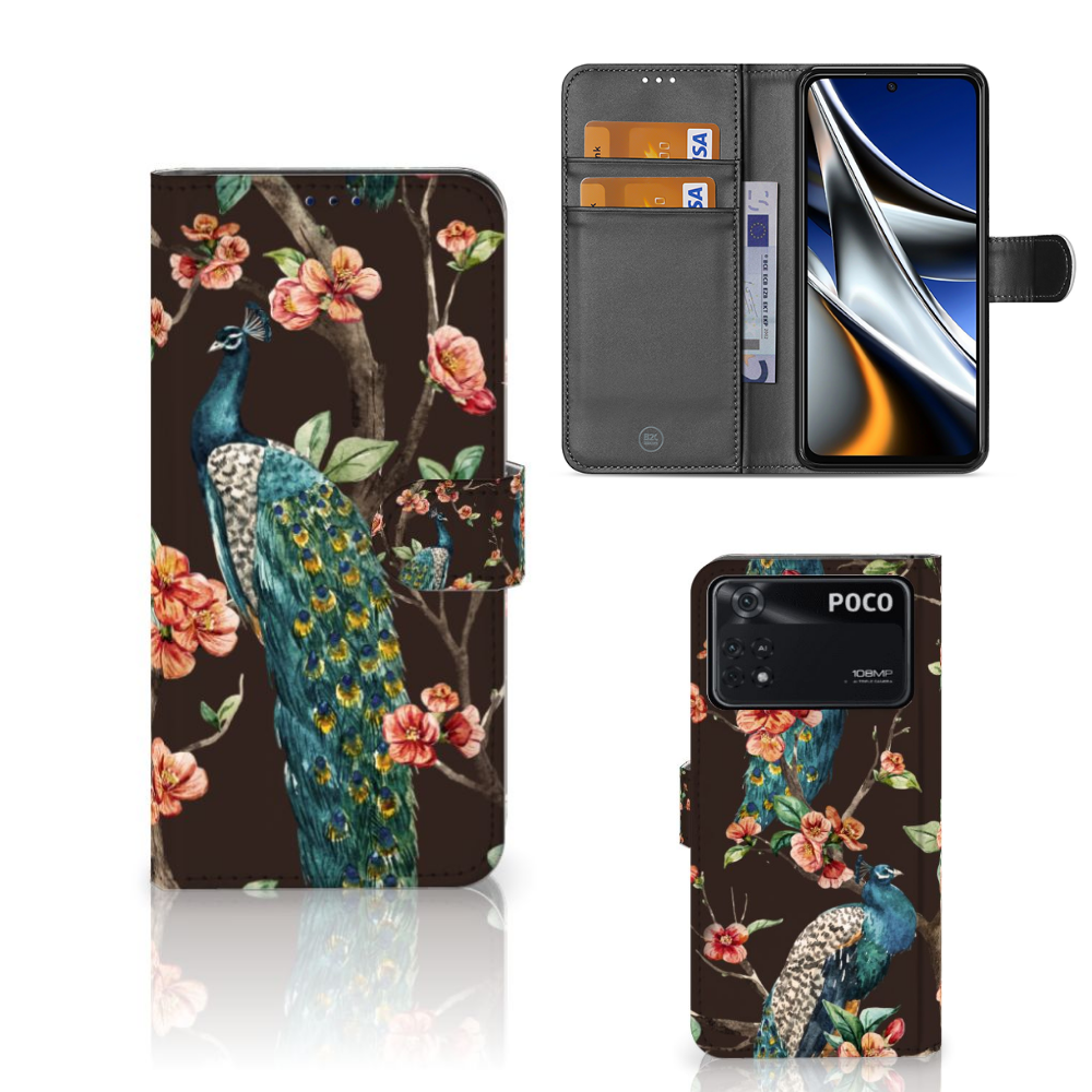 Xiaomi Poco X4 Pro 5G Telefoonhoesje met Pasjes Pauw met Bloemen