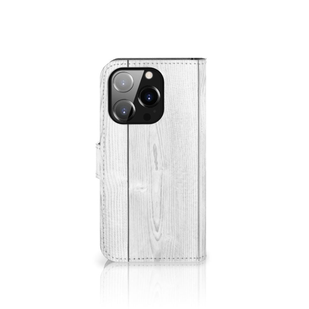 iPhone 14 Pro Book Style Case White Wood met trendy houtprint en TPU binnenzijde voor optimale bescherming.