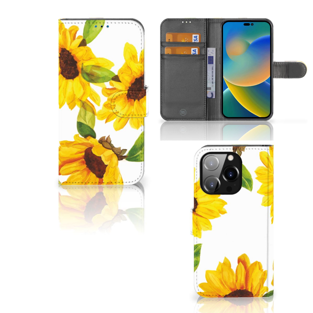 Hoesje voor iPhone 14 Pro Zonnebloemen met prachtige zonnebloemdesign en ruimte voor drie pasjes 🌻.