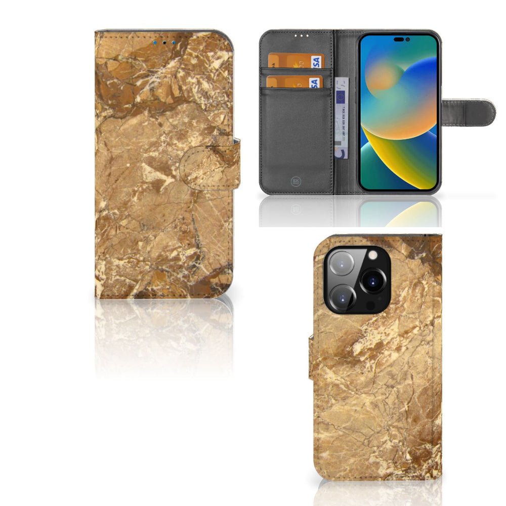 iPhone 14 Pro Bookcase Marmer Creme met kunstleren buitenkant en pasjeshouder, luxe en sterke bescherming.