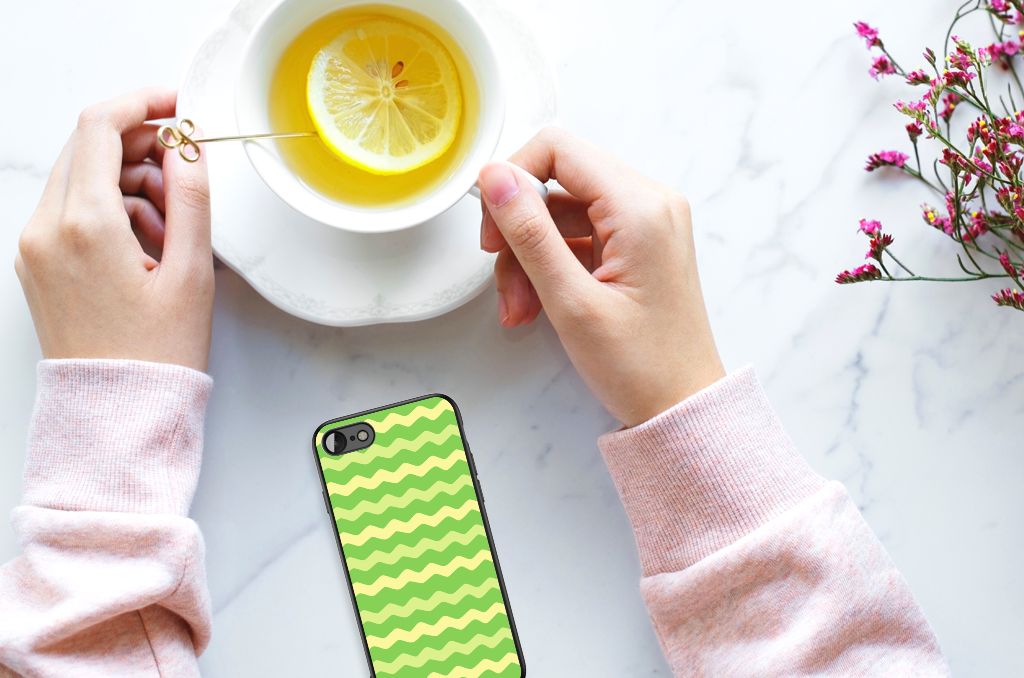 iPhone SE 2022 | SE 2020 | 7/8 Back Case Waves Green on a marble table with a cup of tea and a lemon slice.