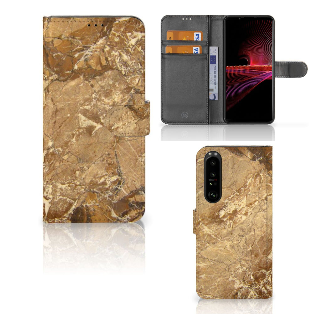 Sony Xperia 1 III Bookcase Marmer Creme met luxe marmerafwerking en opbergvakken voor kaarten.