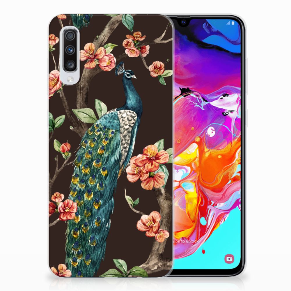 Samsung Galaxy A70 TPU Hoesje Pauw met Bloemen