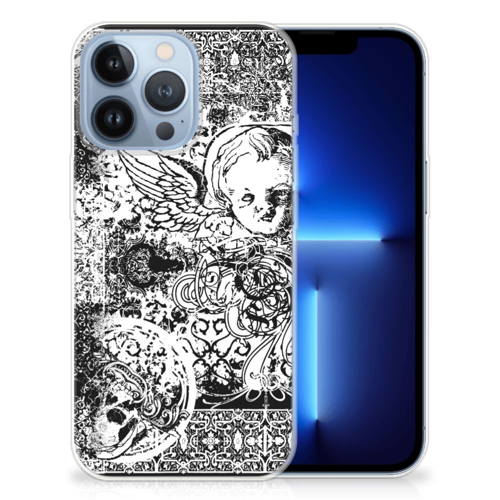 Silicone Back Case Apple iPhone 13 Pro Skulls Angel met een mysterieus patroon van een engel en schedels.