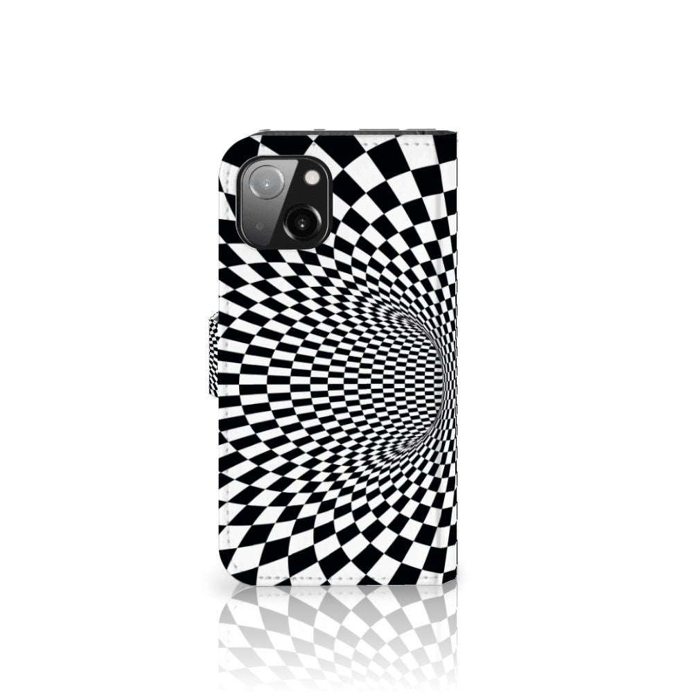 Apple iPhone 13 Book Case Illusie met een opvallende zwart-wit illusie design voor een unieke uitstraling.