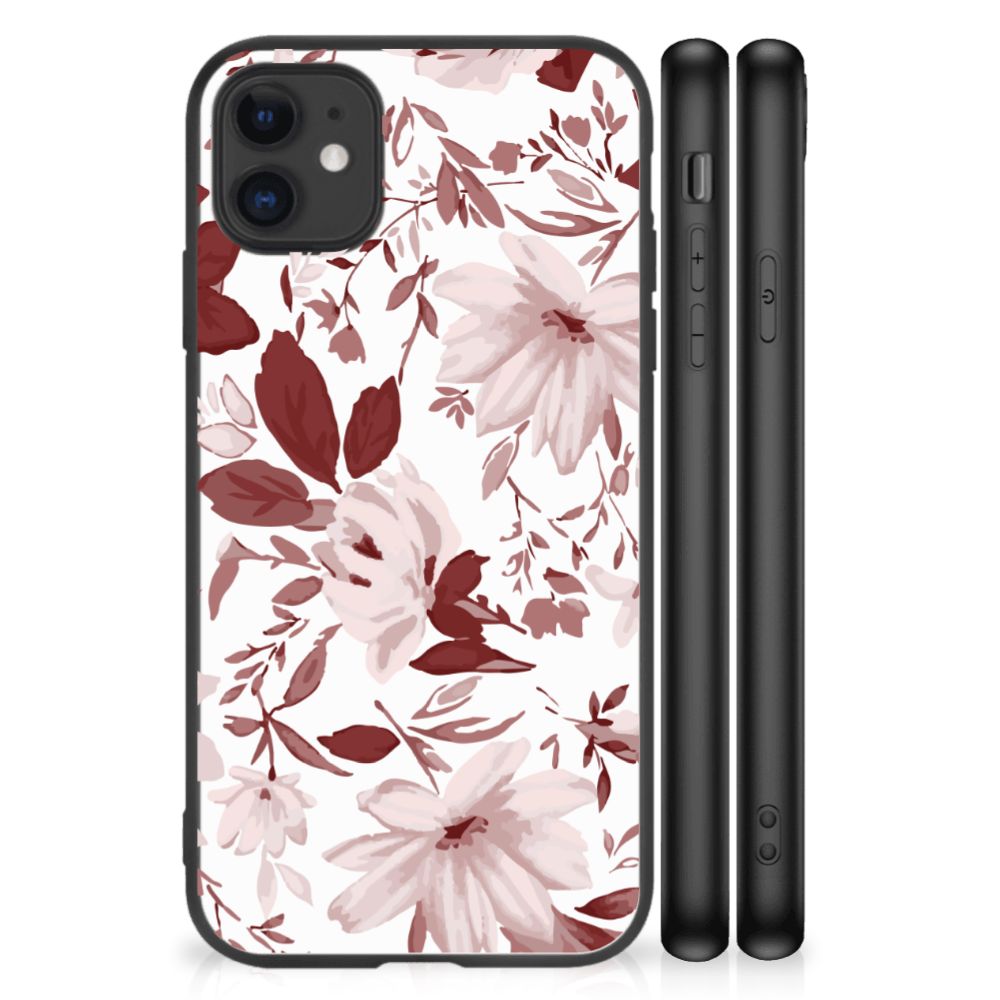Kleurrijke Telefoonhoesje iPhone 11 Watercolor Flowers met bloemenprint in rood en roze op zwart