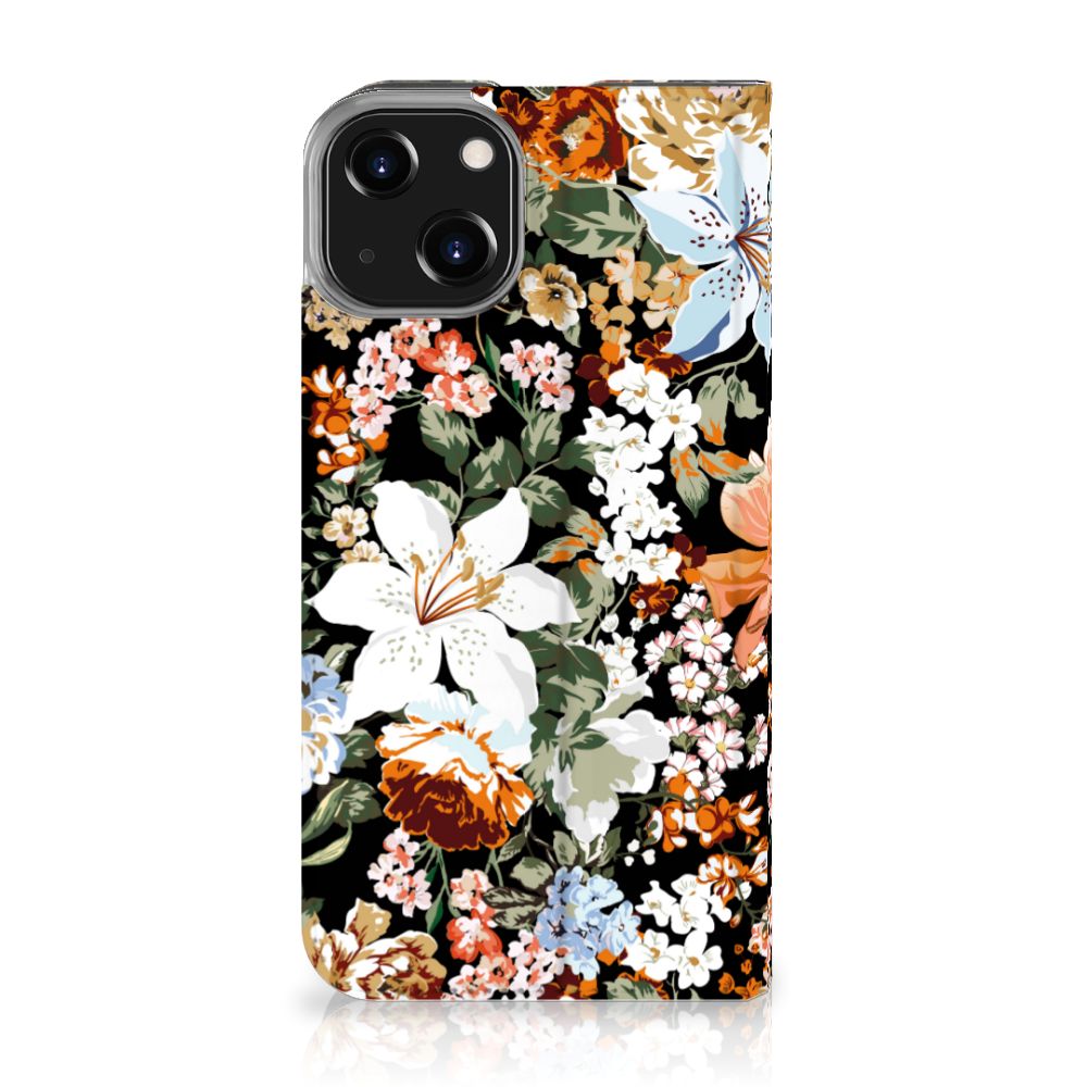 Smart Cover voor iPhone 14 Dark Flowers met kleurrijke bloementschikking op zwarte achtergrond.