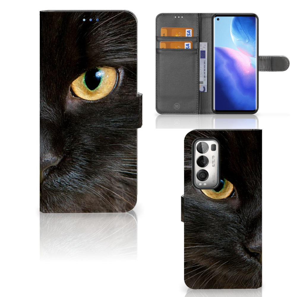 OPPO Find X3 Neo 5G Telefoonhoesje met Pasjes Zwarte Kat
