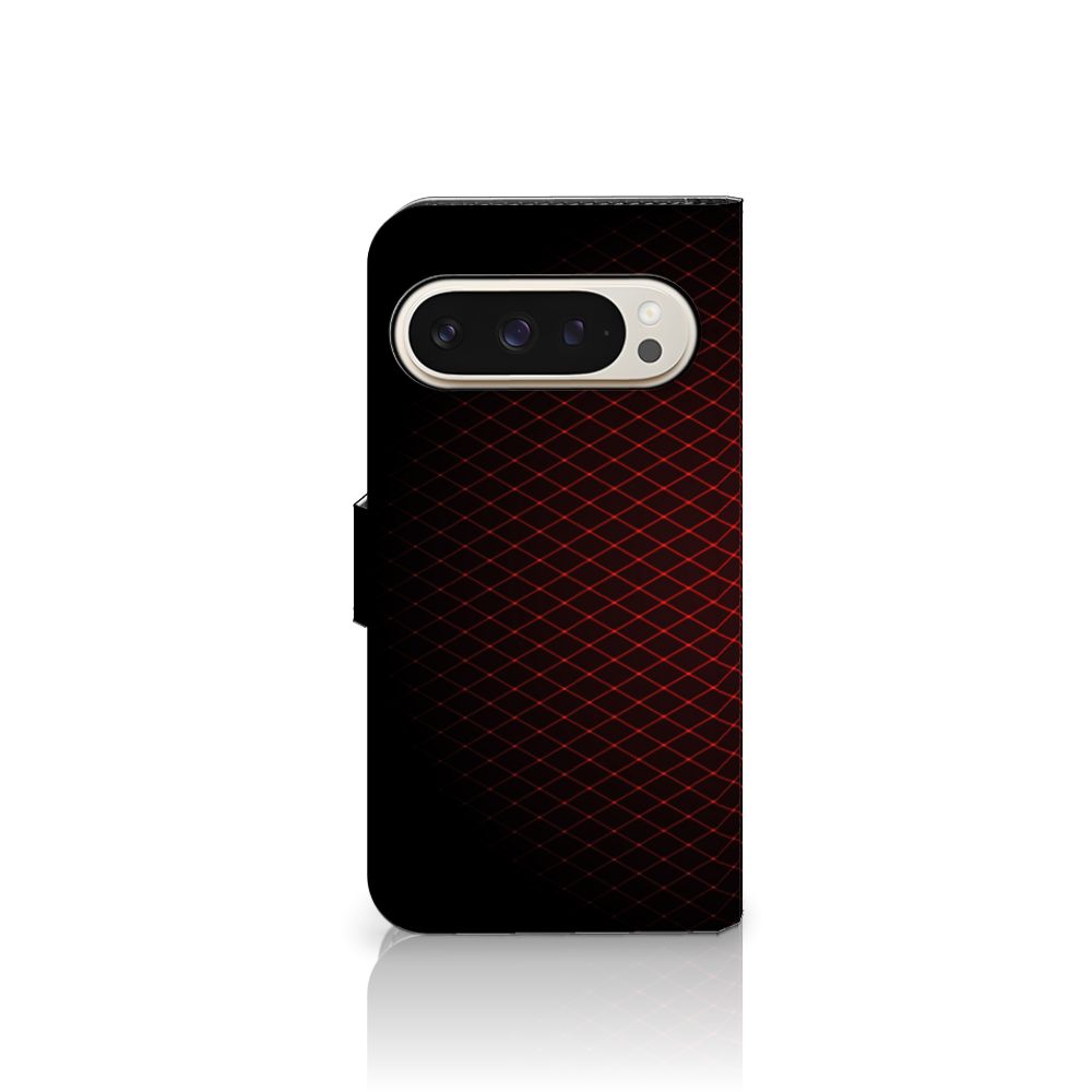 Google Pixel 9 | 9 Pro Telefoon Hoesje Geruit Rood met zwart-rode ruitpatroon en ruimte voor 3 pasjes.