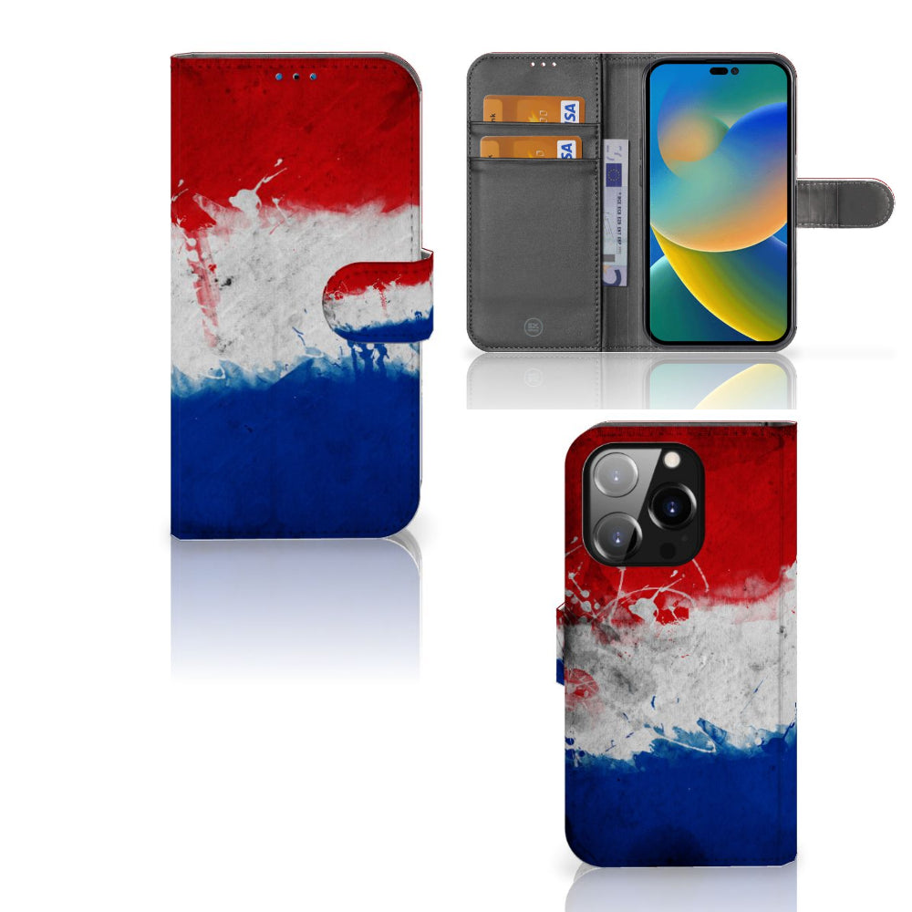 iPhone 14 Pro Bookstyle Case Nederland met artistiek design van de Nederlandse vlag.