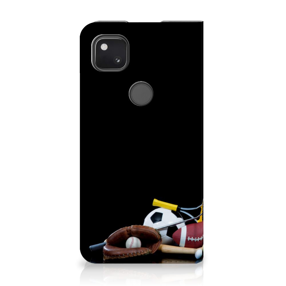 Google Pixel 4a Hippe Standcase Sports met sportuitrusting en ballen op een zwarte achtergrond.