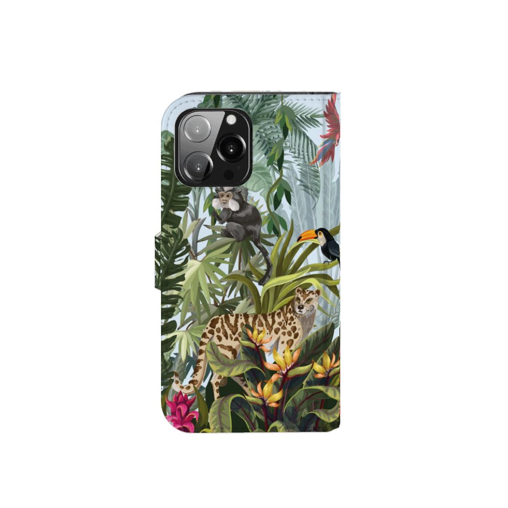 Telefoonhoesje met Pasjes voor iPhone 13 Pro Max Jungle met jungle dieren en tropische bladeren
