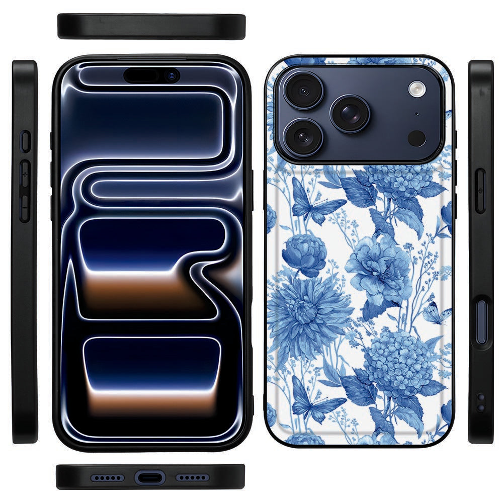 Zijkant van het Flowers Blue hoesje voor iPhone 18 Pro Max, zwarte TPU-rand met opening voor de knoppen