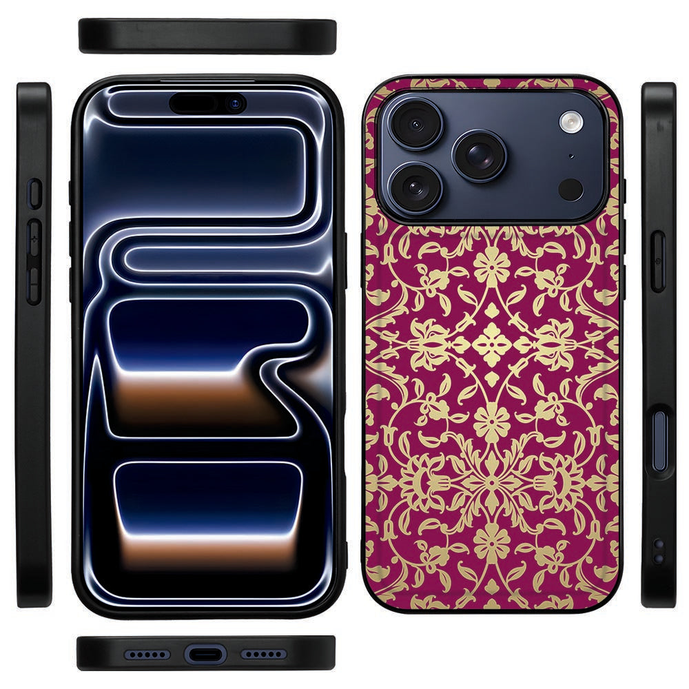 Zijkant van de Barok Pink back cover voor iPhone 18 Pro Max met zwarte TPU-rand en knopopeningen