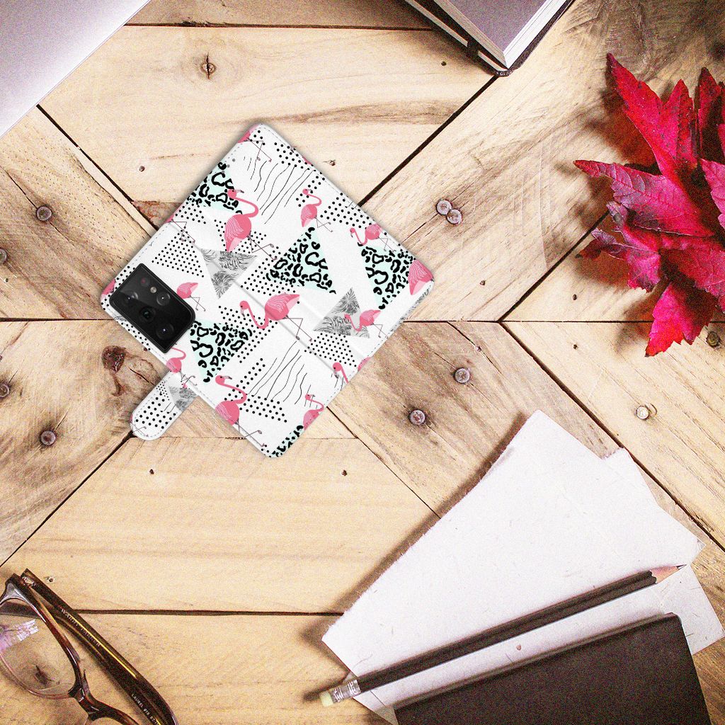 Samsung Galaxy S21 Ultra Telefoonhoesje met Pasjes Flamingo Triangle