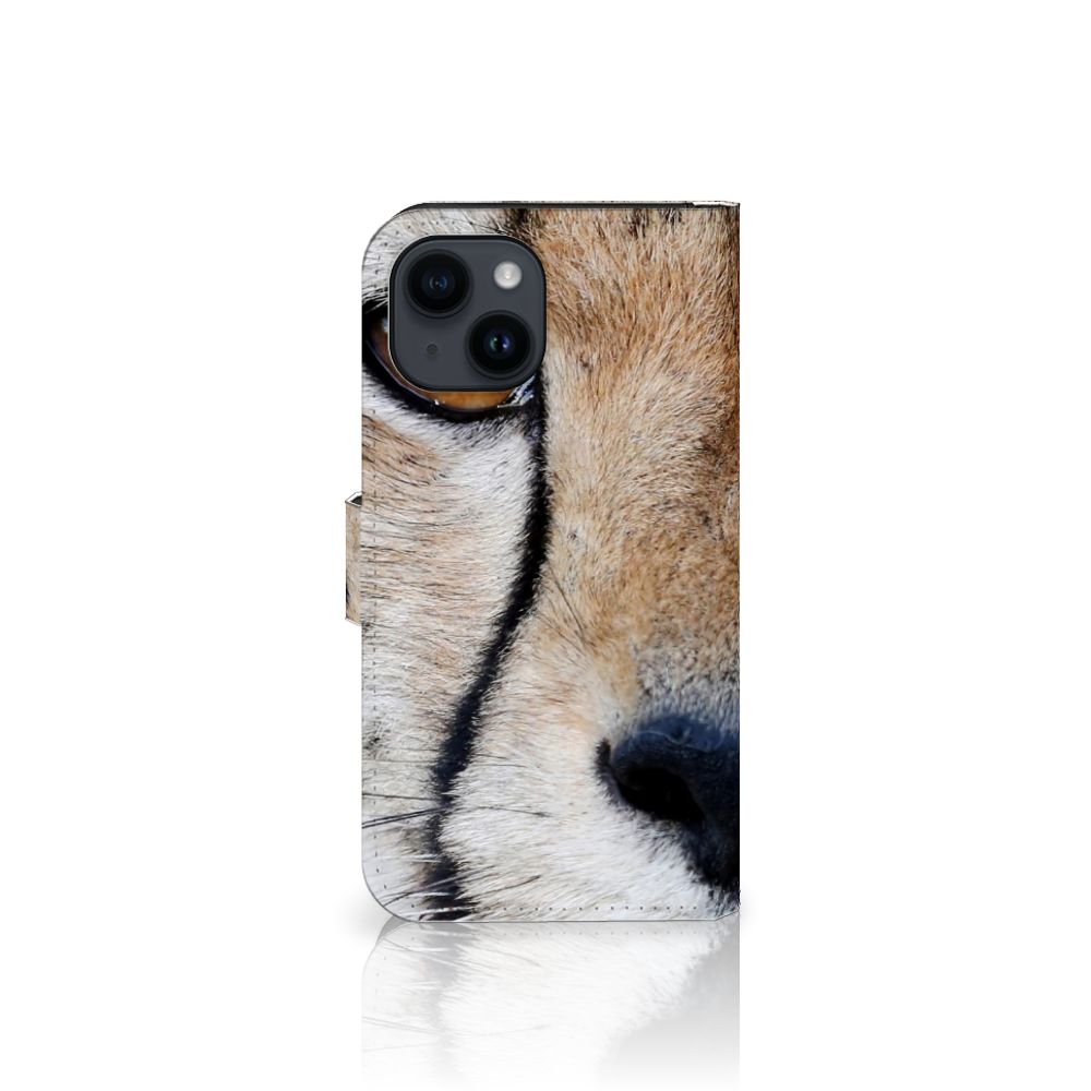 iPhone 15 Telefoonhoesje met Pasjes Cheetah met close-up van een cheeta gezicht