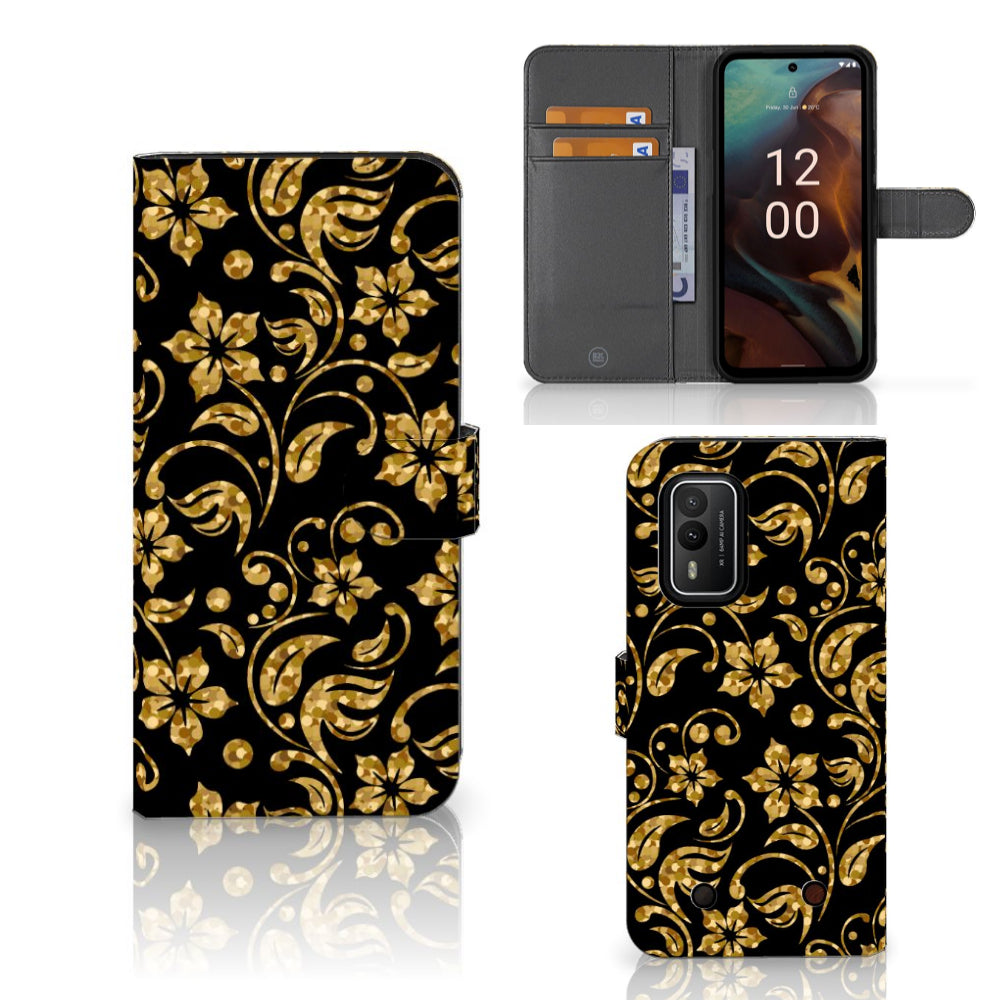 Nokia XR21 Hoesje Gouden Bloemen