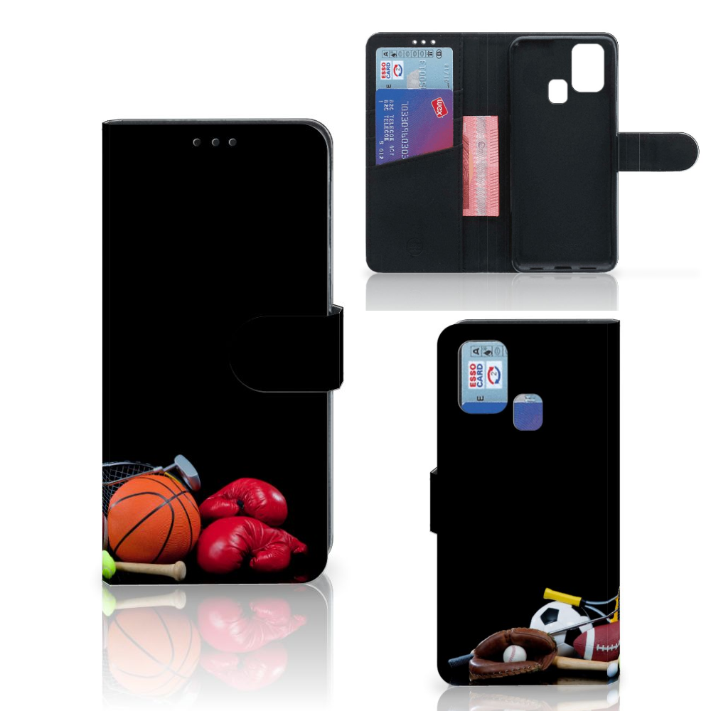 Samsung Galaxy M31 Wallet Case met Pasjes Sports met diverse sportuitrusting en pasjeshouders.