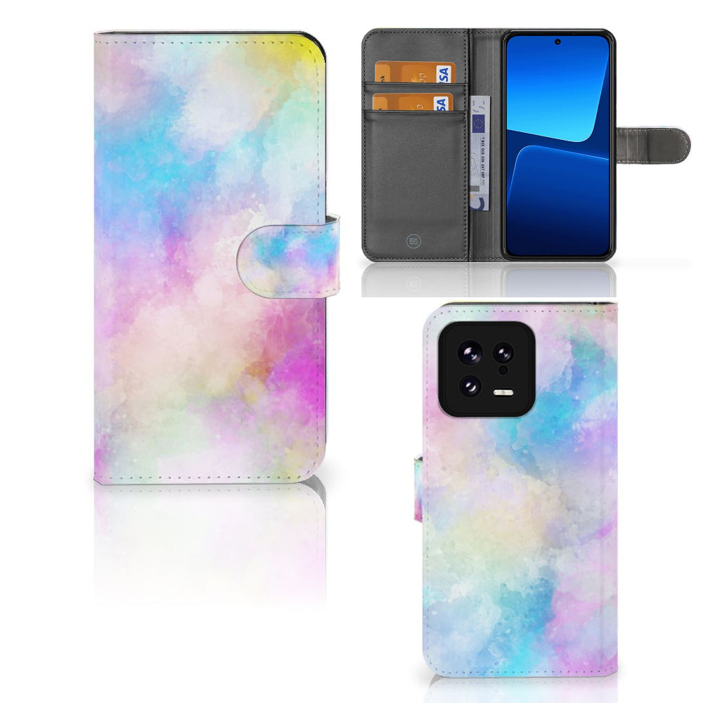 Hoesje Xiaomi 13 Watercolor Light met pasjeshouder en kleurrijk pastelontwerp, stijlvolle bescherming voor je smartphone.
