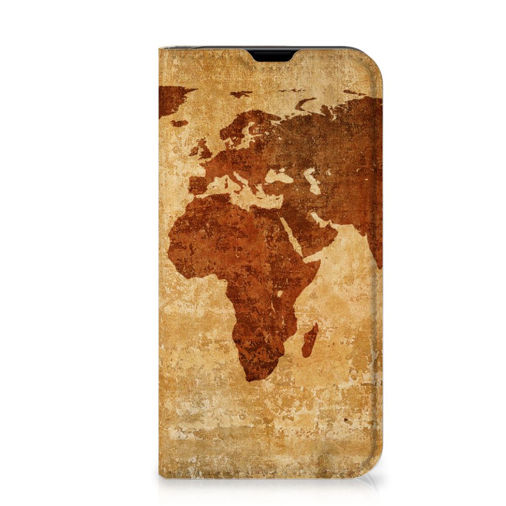 iPhone 13 Mini Book Cover Wereldkaart wereldkaart bruin bokhoes front