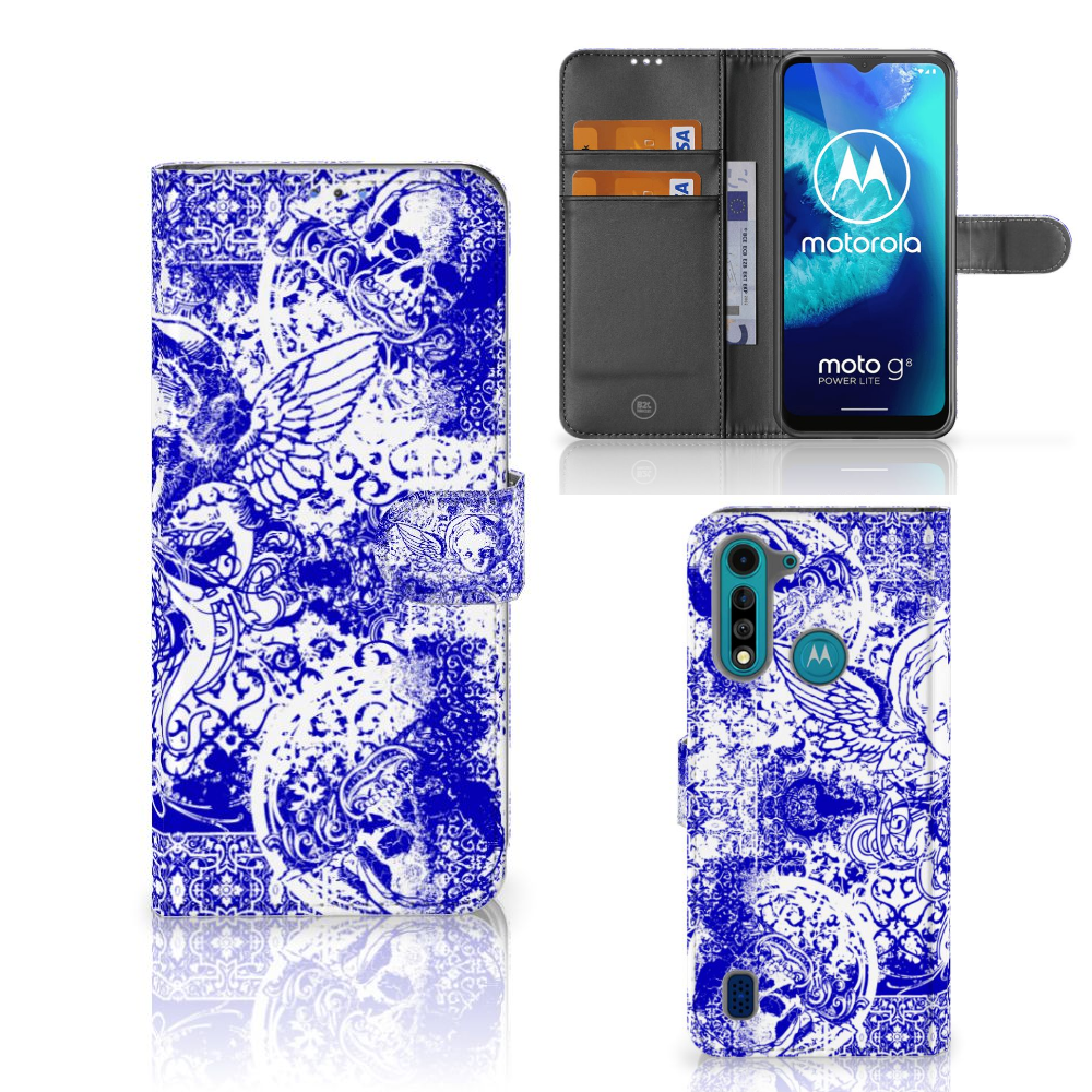 Telefoonhoesje met Naam Motorola G8 Power Lite Angel Skull Blauw
