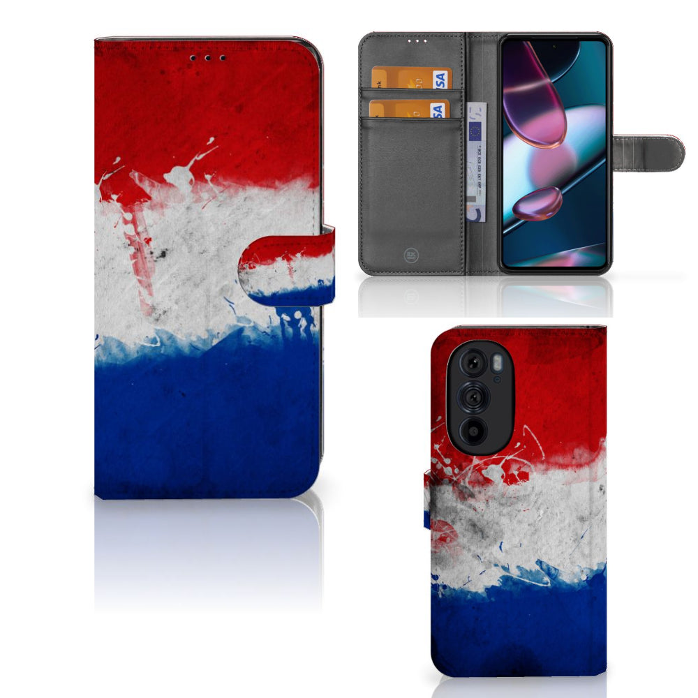 Motorola Edge 30 Pro Bookstyle Case Nederland met design van de Nederlandse vlag en ruimte voor pasjes.
