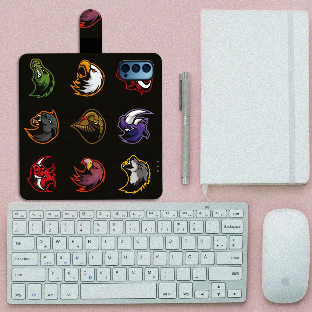 OPPO Reno 4 Pro 5G Leuk Hoesje Cartoon met kleurrijke dierenkoppen op een zwart achtergrond